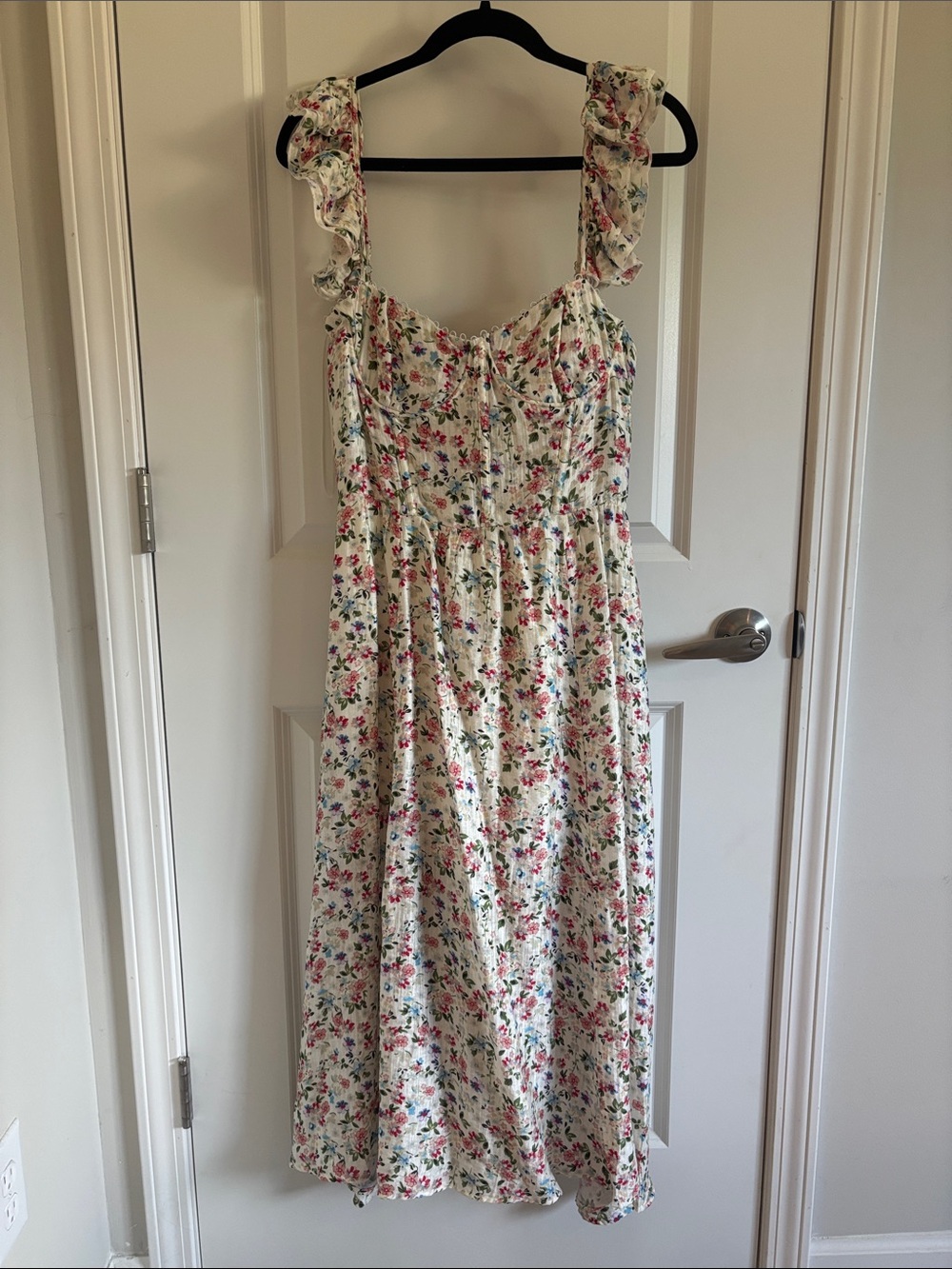 Astr Floral Ruffle Strap Midi Dress - Cream with Pink & Green Flowers